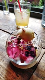 High angle view of fruits in glass on table