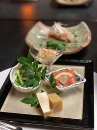 Close-up of meal served on table