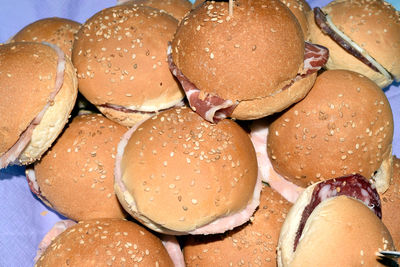 Close-up of hamburgers on table