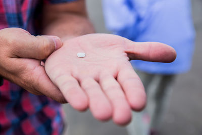 Tiny sand dollar seashell on male hand at beach