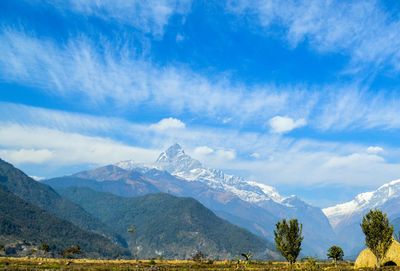 View of snowcapped mountain against cloudy sky