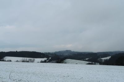 Snow covered landscape against sky