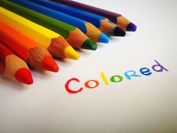 Close-up of multi colored pencils over white background