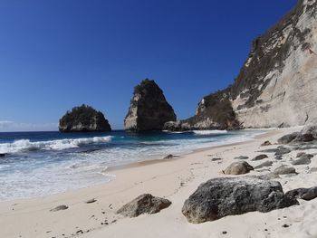 Rocks on beach against clear blue sky