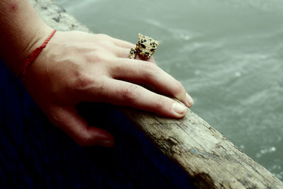 Close-up of hand holding wood