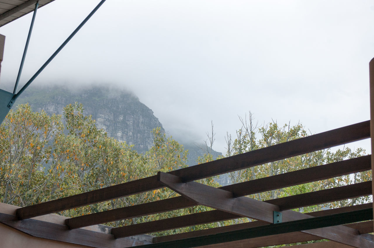 CLOSE-UP OF RAILING AGAINST SNOW COVERED MOUNTAIN