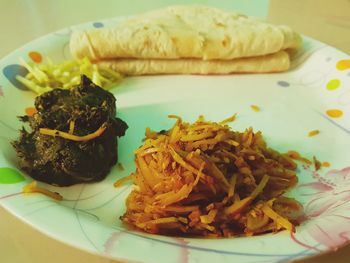 High angle view of food in plate on table