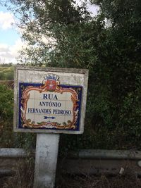 Close-up of information sign