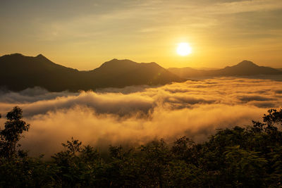 Scenic view of mountains against sky during sunset