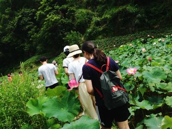 Rear view of couple standing on field in forest