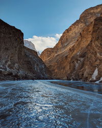 Scenic view of mountains against sky during winter