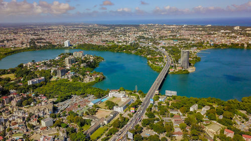 High angle view of buildings in city