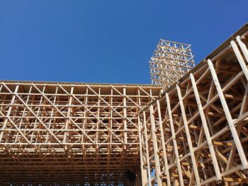 Low angle view of wooden artwork against clear sky