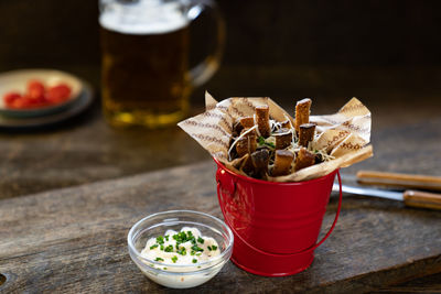 Rye fries in red bucket