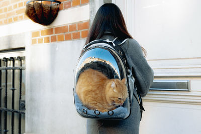 Portrait of a girl with a backpack with a cat sitting in it.