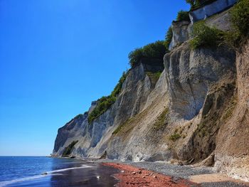 Rock formations by sea against clear blue sky