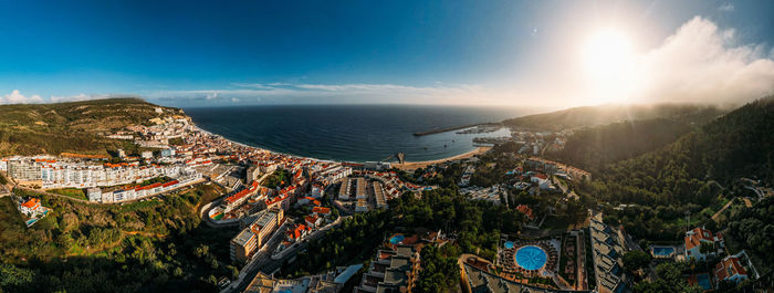 Aerial panoramic view of the sesimbra village on the coast, portugal