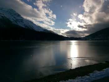 Scenic view of lake and mountains against sky
