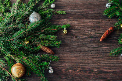 High angle view of christmas decorations on table