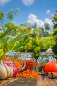 Close-up of drink in glass jar on table