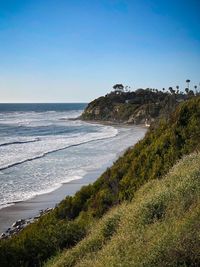 Scenic view of sea against clear blue sky