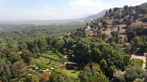 High angle view of trees and buildings against sky