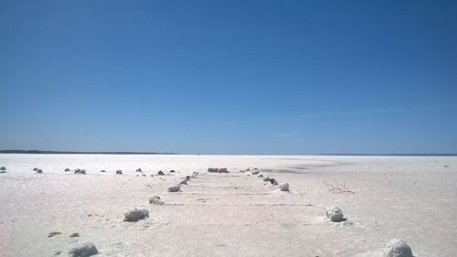 Scenic view of beach against clear blue sky