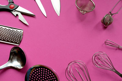 High angle view of pink objects on table