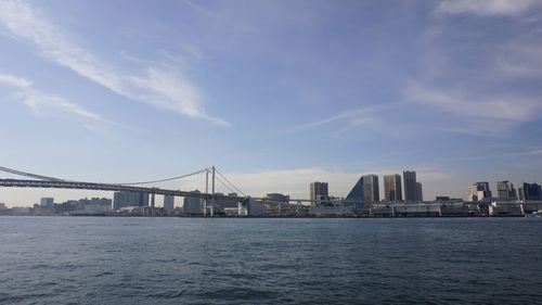 View of suspension bridge over river