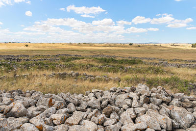 Scenic view of rocks on field against sky