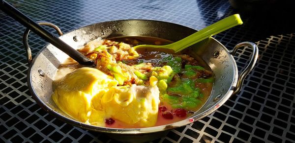 High angle view of food in bowl on table