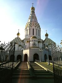 Exterior of church against clear blue sky