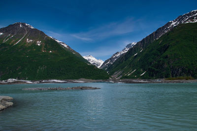 Scenic view of lake and mountains against sky