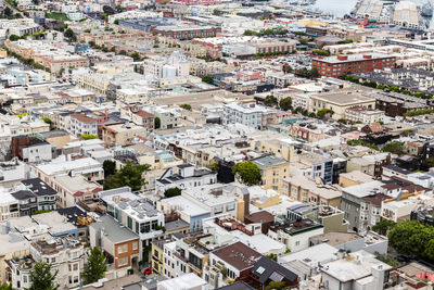 High angle view of houses in town