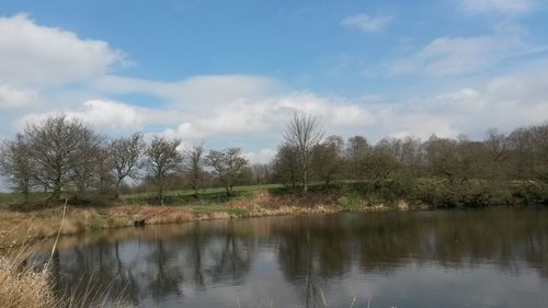 Scenic view of lake against cloudy sky