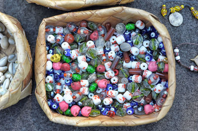 High angle view of candies in basket