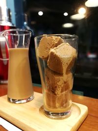 Close-up of beer in glass on table