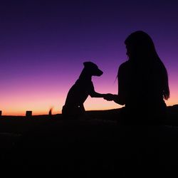 Silhouette people with dog against clear sky during sunset