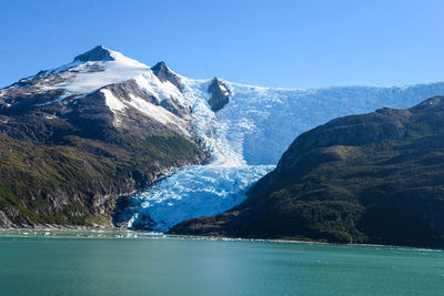 Scenic view of sea and snowcapped mountains against clear blue sky