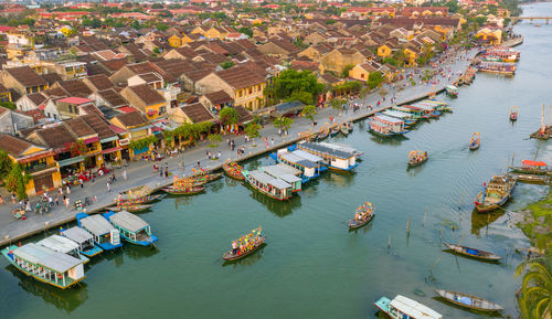 High angle view of boats at harbor