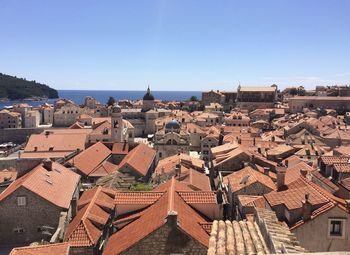 High angle view of tile roofs of the town against clear sky