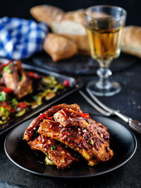 Close-up of food served in plate on table