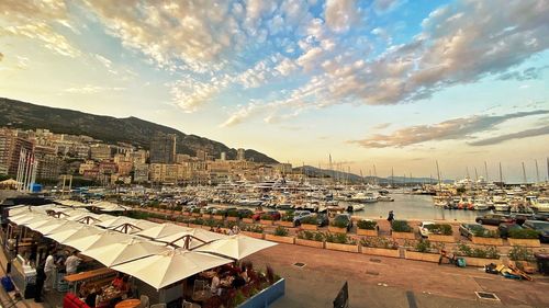High angle view of cityscape against sky during sunset