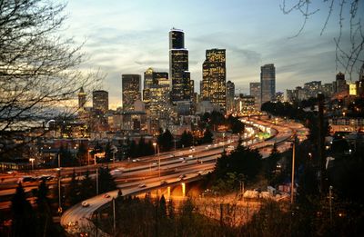 View of cityscape at dusk