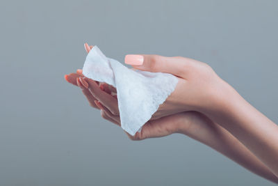 Close-up of hand holding leaf over white background