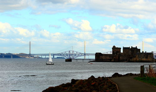 View of suspension bridge over sea against cloudy sky