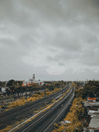 High angle view of railroad tracks against sky