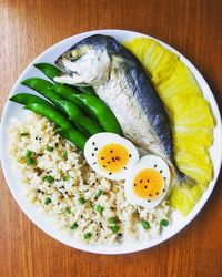 High angle view of breakfast served on table