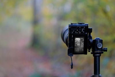 Close-up of camera on field