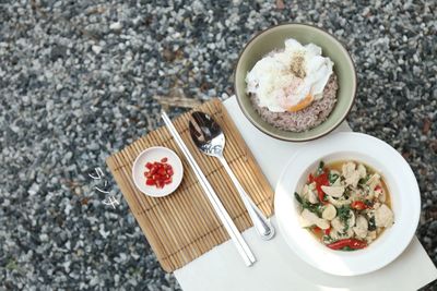 High angle view of breakfast on table